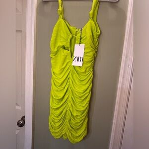 ZARA Neon Yellow Ruched Bodycon Dress Size S NWT